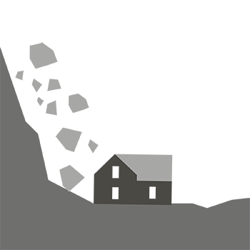 Illustration. Stenar som rasar från berg på hus